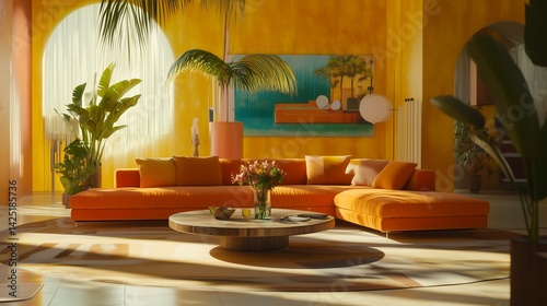 Bright living room with orange sofa and tropical plants creates a cozy space