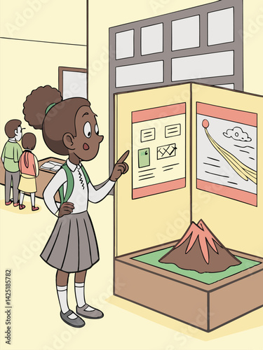 Young Girl at Museum Exhibit: Cartoon Illustration of Volcano Display, Science Education, School Trip, Learning
