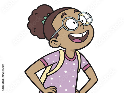 Cartoon Girl with Glasses and Backpack, Smiling Upward, Curly Hair, Purple Shirt with Stars, Illustration