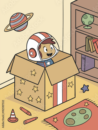 Cartoon Astronaut Kid in a Box: Space Exploration, Dreamy Illustration, Child's Play, Imaginative Adventure, Colorful, Fun, Bedroom Scene