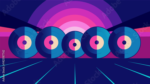 A display of records with a colorchanging effect shifting between shades of pink purple and blue depending on the angle of light. Vector illustration