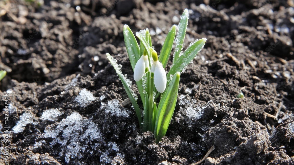 Fototapeta premium Two Snowdrop Flowers with Ice on Soil