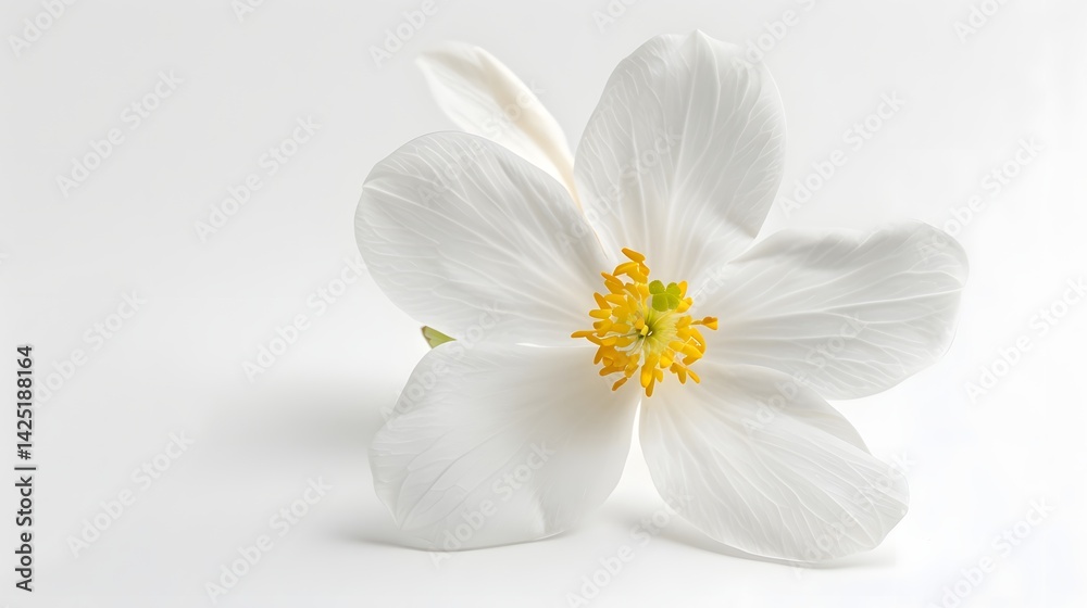 Obraz premium A pristine white snowdrop anemone blossom with a bright yellow center, elegantly isolated on a white background.