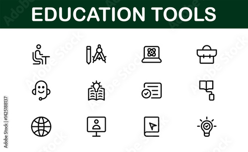 Modern Education Tools Icon Set Vector Illustration. Featuring Essential Symbols for Learning, Teaching, and Study to Enhance for Educational Projects.