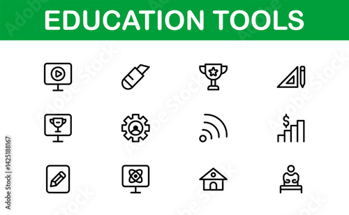 Modern Education Tools Icon Set Vector Illustration. Featuring Essential Symbols for Learning, Teaching, and Study to Enhance for Educational Projects.