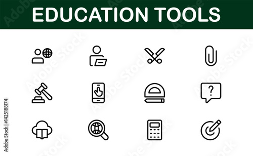 Modern Education Tools Icon Set Vector Illustration. Featuring Essential Symbols for Learning, Teaching, and Study to Enhance for Educational Projects.