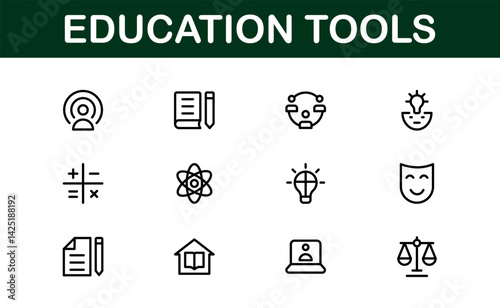 Modern Education Tools Icon Set Vector Illustration. Featuring Essential Symbols for Learning, Teaching, and Study to Enhance for Educational Projects.