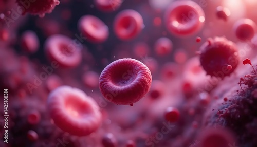 Macro of Red Blood Cells in Plasma. Realistic macro scene of human red blood cells in motion inside plasma. Designed for scientific research, medical illustration, and anatomy education.	
