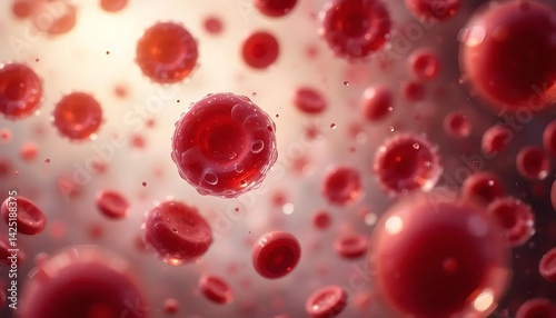 Macro of Red Blood Cells in Plasma. Realistic macro scene of human red blood cells in motion inside plasma. Designed for scientific research, medical illustration, and anatomy education.	