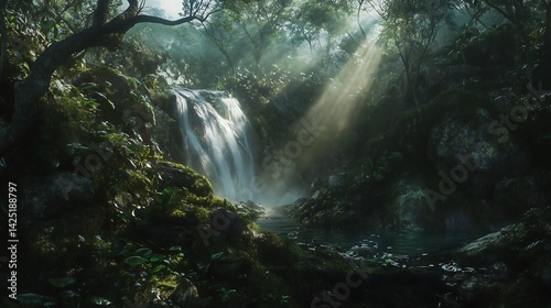Lush forest scenery with cascading waterfall and sunbeams shining through trees