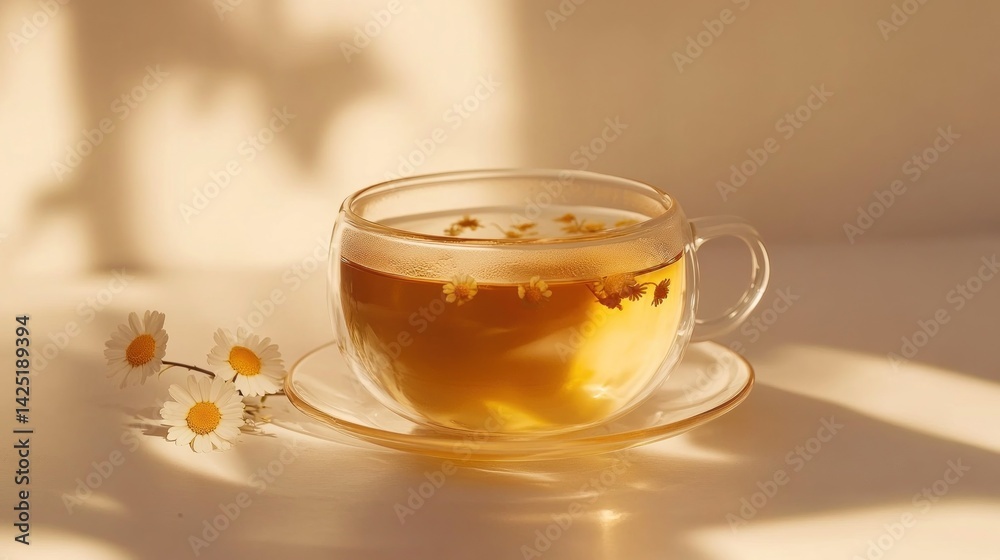 Golden chamomile tea, sunlight, calm Golden chamomile tea, sunlight, calm