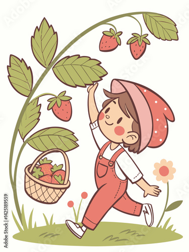 Adorable Cartoon Child Picking Strawberries: Whimsical Illustration, Strawberry Patch, Basket, Cute Outfit, Summer Fun, Garden Scene