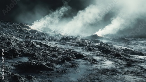 A lava podium with small vents releasing steam, on a dark gray, rocky terrain. Geothermal activity