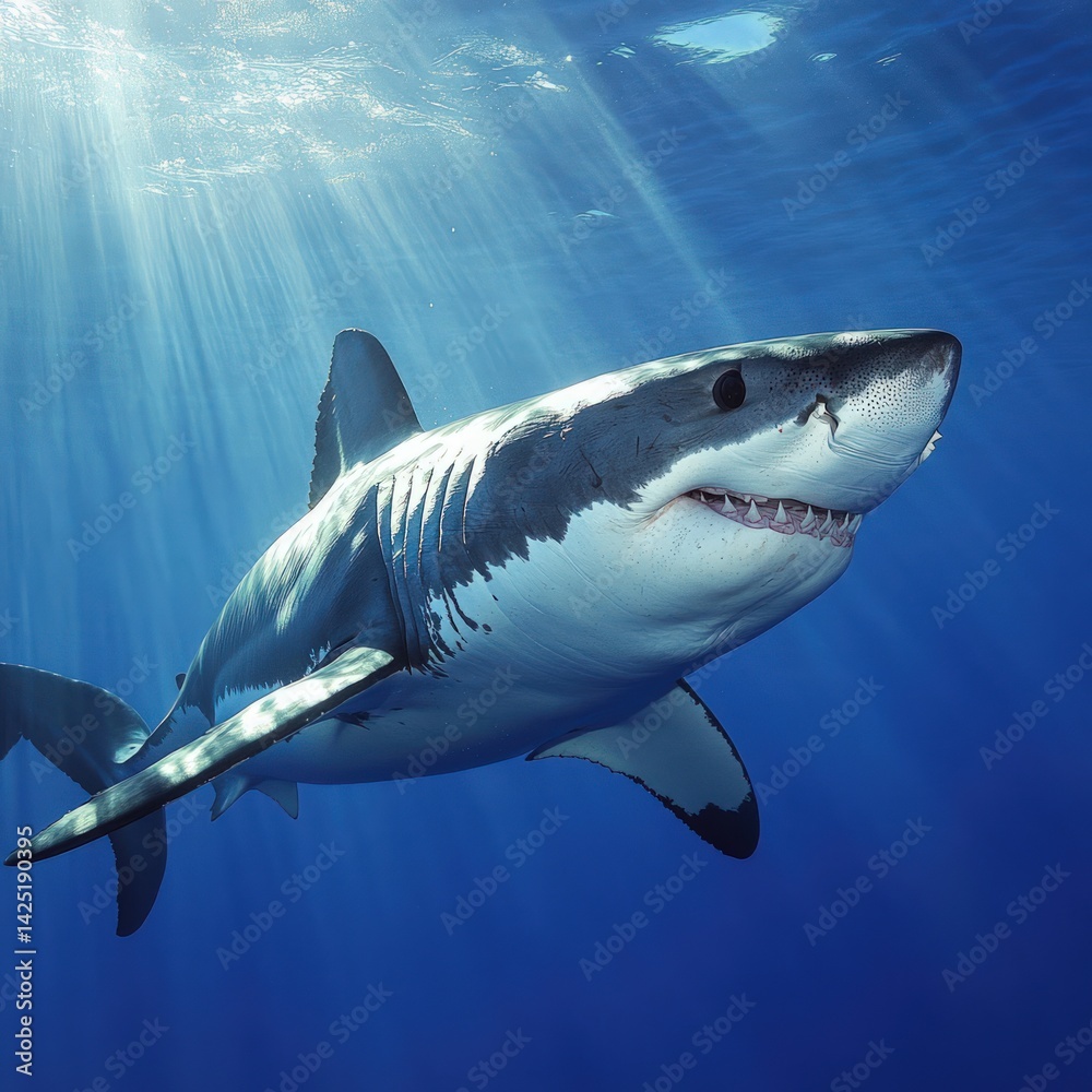 Naklejka premium Great white shark in the deep blue ocean. Sunlight beams through the water