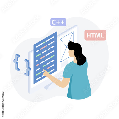Front End Web Development Illustrator working on HTML, CSS code on a desktop. Atmosphere is focused, creative. Perfect for web design, coding tutorials.
