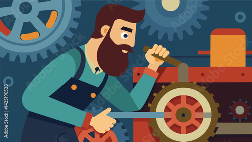 A bearded man tinkering with the gears and wheels of a vintage train engine his expert hands carefully making adjustments.. Vector illustration
