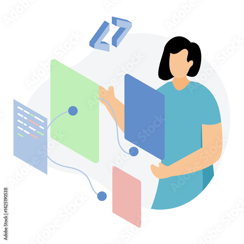 Front End Web Development Illustrator working on HTML, CSS code on a desktop. Atmosphere is focused, creative. Perfect for web design, coding tutorials.