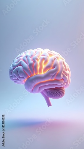 Floating 3D Human Brain Model in Gentle Lavender and Mint Hues on a Solid Light Background, Symbolizing Creativity and Mental Health Awareness