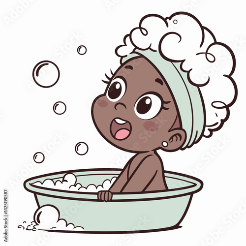 Cute Cartoon Baby Girl Taking a Bubble Bath, Smiling, Looking Up, in a Tub, with Bubbles, Vector Illustration