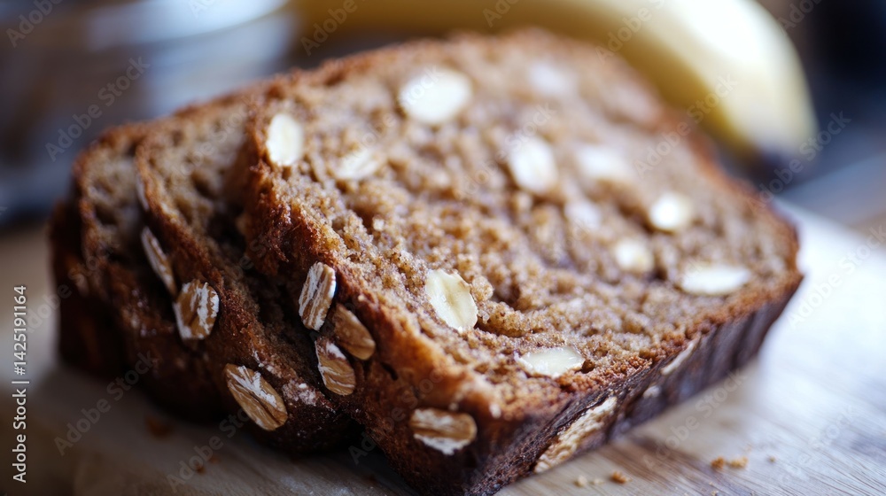 Two slices of homemade banana bread with almonds and oats on a wooden board. Two slices of homemade banana bread with almonds and oats on a wooden board.