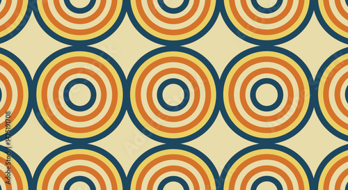 Retro concentric circles in muted earth tones create a repeating pattern with a 70s vibe