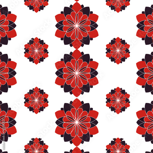 Vibrant red  black floral pattern on white a blossoming symmetry