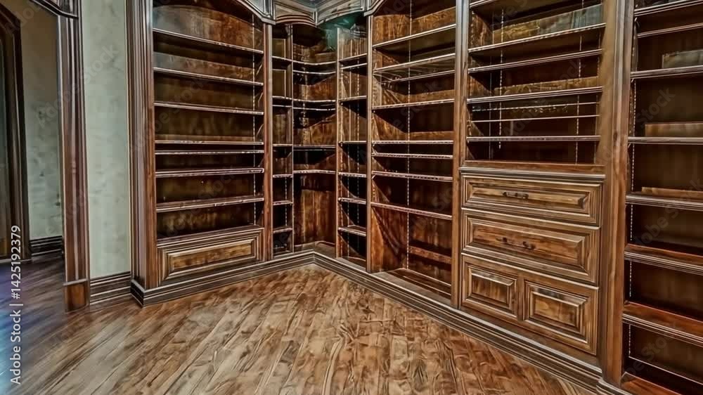 Spacious empty wooden library room with shelves and large window Spacious empty wooden library room with shelves and large window