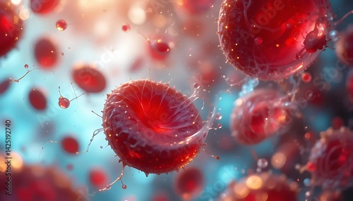Macro of Red Blood Cells in Plasma. Realistic macro scene of human red blood cells in motion inside plasma. Designed for scientific research, medical illustration, and anatomy education.	