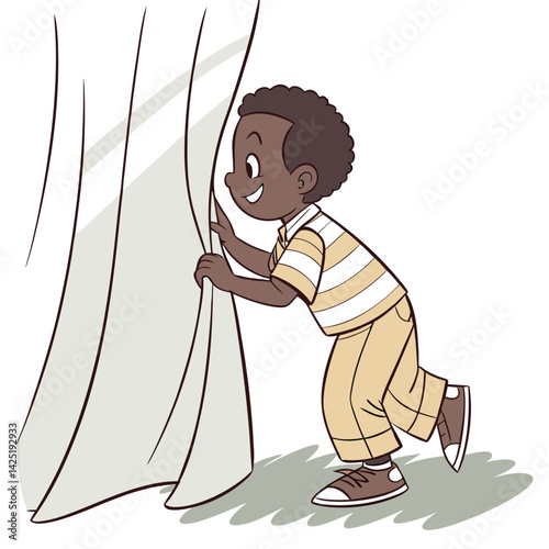 Cute Cartoon Boy Peeking Behind a Curtain. Smiling African American Child in Casual Clothes Playing Hide and Seek.