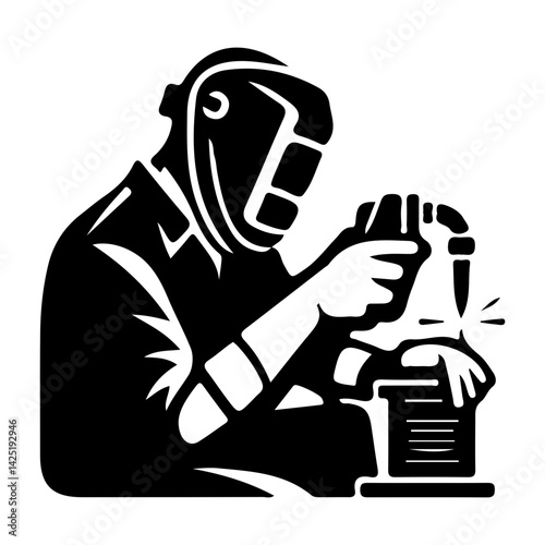 Minimalist vector logo of a welder, isolated on white background
