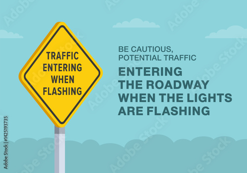 Safe driving tips and traffic regulation rules. Close-up of United States "traffic entering when flashing" sign meaning. Potential traffic entering the roadway. Flat vector illustration template.