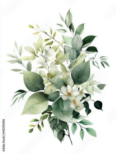 hand painted vintage floral arrangement featuring lush greenery and delicate white flowers, creating elegant and serene composition