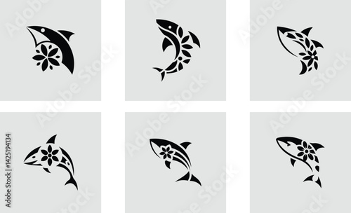Shark logo with floral decoration logotype  stylish vector art set design