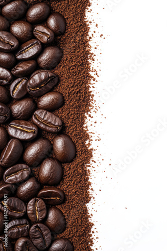 Rich espresso coffee beans and ground coffee create luxurious blend on white background, showcasing texture and aroma. Perfect for coffee lovers and culinary enthusiasts