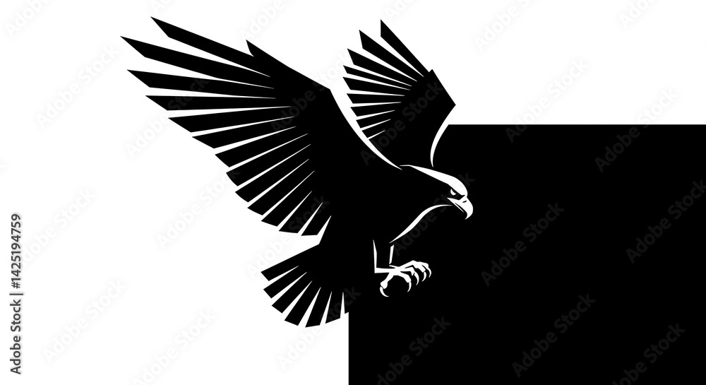Obraz premium Single-line geometric eagle silhouette, dynamic wings spread, ultra-clean strokes, negative space body, monochrome contrast