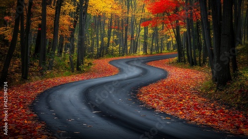 Serene autumn drive through vibrant forest with winding road and colorful leaves