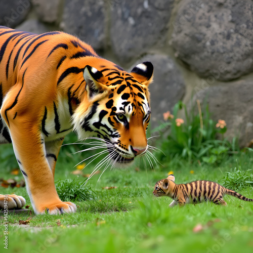 A tiger crouched low, preparing to pounce on its unsuspecting prey.
