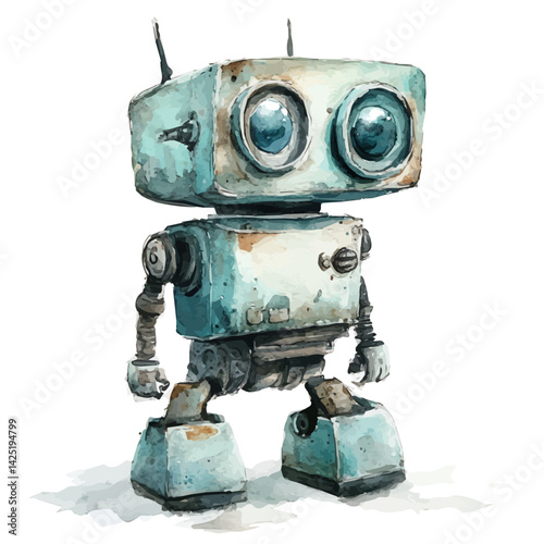 Digital pet robot in a living room, watercolor illustration, isolated on a white background.

