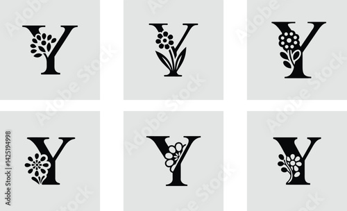 Text Y logo with floral decoration logotype stylish vector art set design
