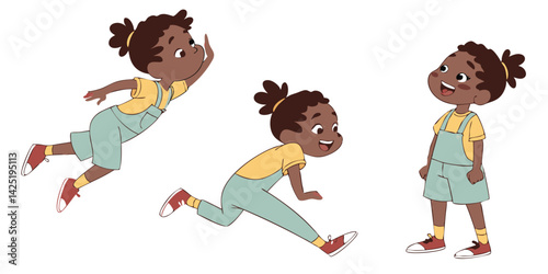Cartoon Girl in Action Poses, Playful Illustration, Jumping, Running, and Standing, Cute Child Character, Light Green Overalls, Yellow Shirt, Red Shoes, Black Hair, Smiling, White Background
