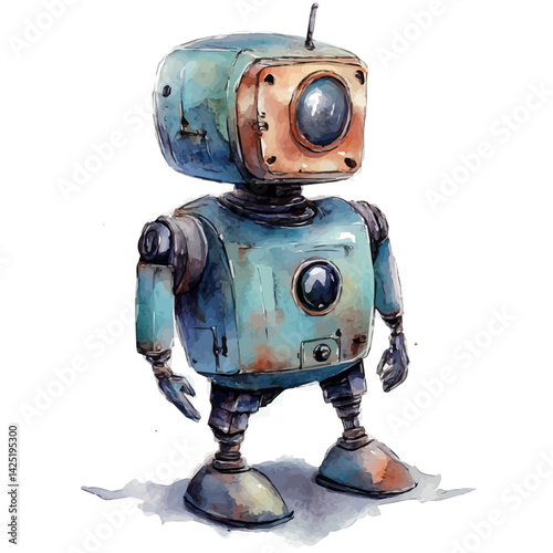 Digital pet robot in a living room, watercolor illustration, isolated on a white background.

