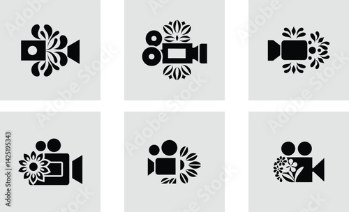 Video camera logo with floral decoration logo stylish vector art set design
