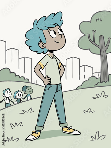 Cartoon Boy with Blue Hair in Park, Standing Confidently, Smiling, Children in Background, Vector Illustration, Comic Style
