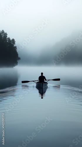 Silhouette of man rowing boat on misty lake at dawn creating ripples