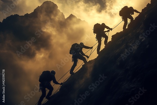 Teamwork and determination four climbers ascending mountain using ropes