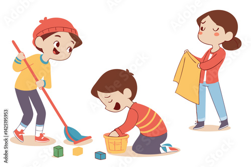 Kids Cleaning Up: Cartoon Illustration of Children Sweeping, Picking Up Toys, and Folding a Towel, Helping