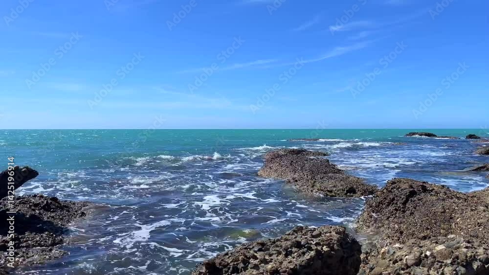 Rocky Beach with Ocean Waves and Clear Blue Sky Rocky Beach with Ocean Waves and Clear Blue Sky
