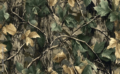 Realistic forest camouflage. Seamless pattern. Conifer tree, branches and leaves. Useable for hunting and military purposes.