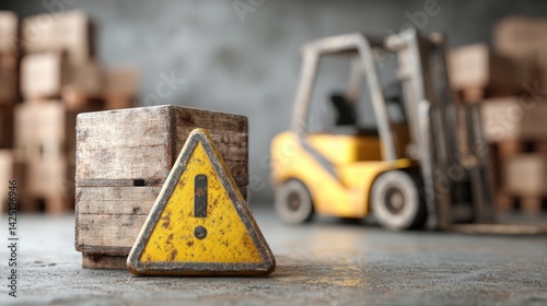 A yellow caution sign in front of a wooden crate with a blurred forklift in the background, suggesting a warehouse or industrial setting.