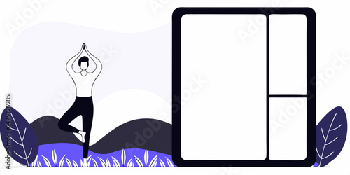 Yoga Outdoors Vector, Tree Pose Wellness Illustration, Calm Fitness Scene, Mindful Exercise in Nature, Flat Yoga Practice Design